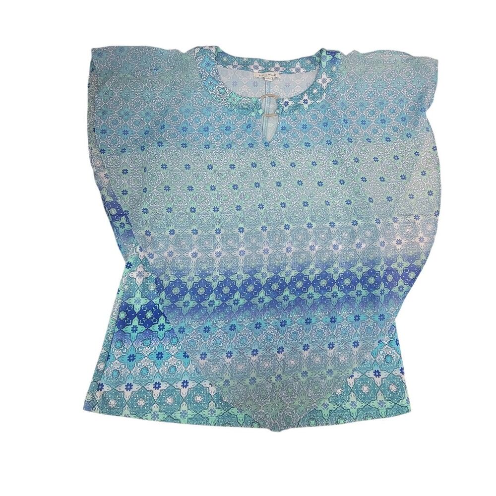 Studio Works Medium Boho Ombre Blue Green Blouse Keyhole Neck